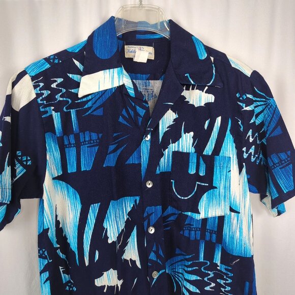 Vintage Hukilau Fashions Hawaiian Shirt Small Blue Barkcloth - Picture 2 of 7
